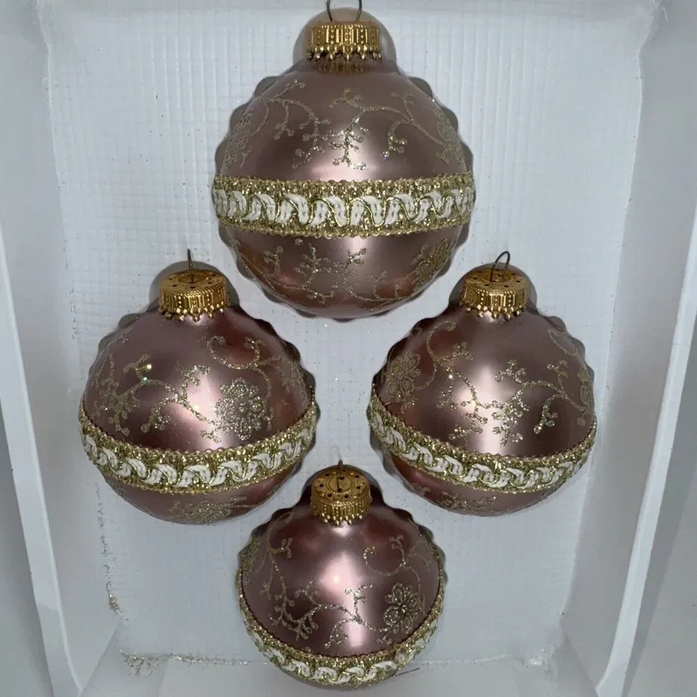 5 Vintage Dusty Antique Rose Gold Krebs‎ Glass Ball Ornament Victorian Chic 2.5